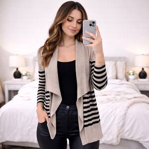 Red by Buckle Striped Long Sleeve Open Front Draped Knit Cardigan Sweater Top